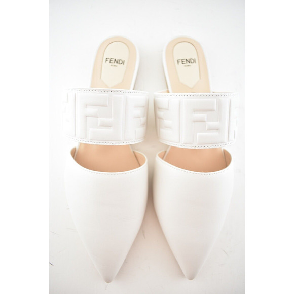 Fendi Motif FF Logo Snow White Leather Pointed Toe Ballerina Ballet Mule Flat 37 - Picture 8 of 12